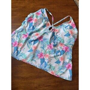 Decree Women XL Tropical Floral Print‎ Tankini Swim Top Tie Back Halter